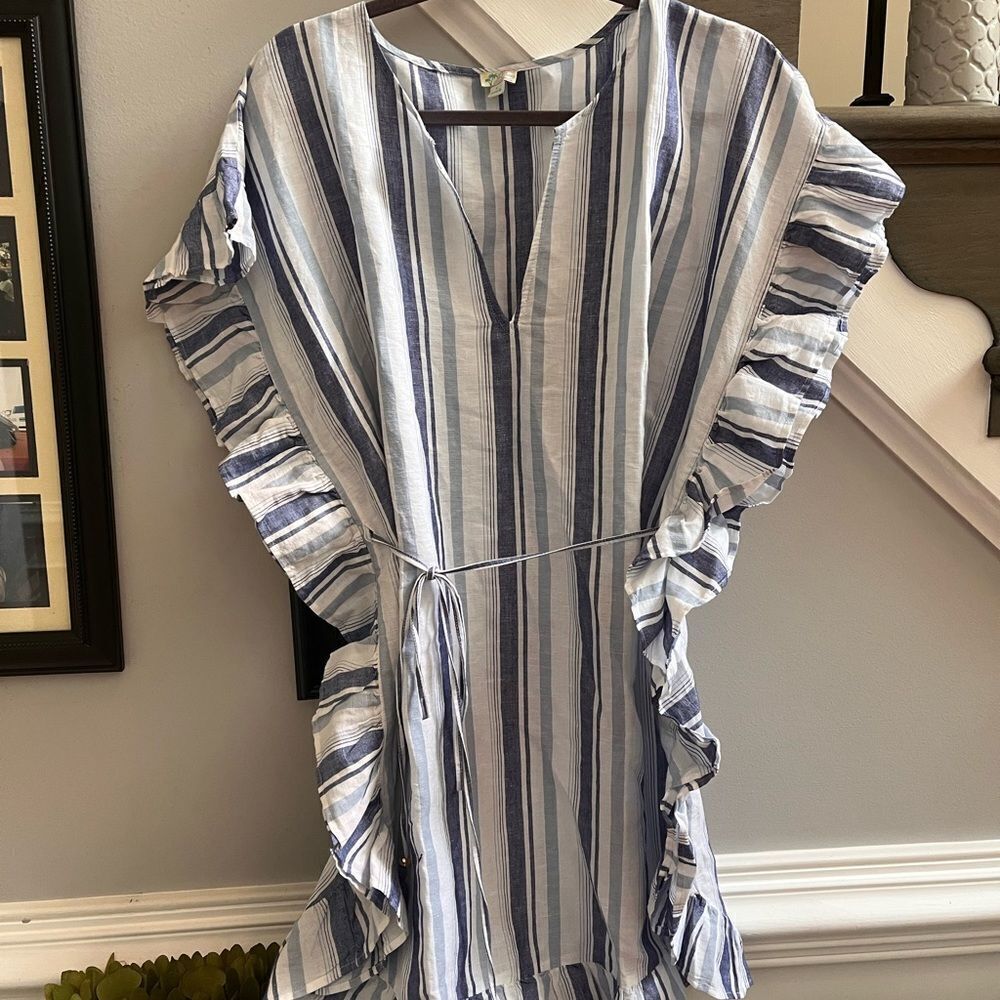 J. Crew Beachwear Blue Linen Striped Tie Caftan Cover Up sz S NWOT